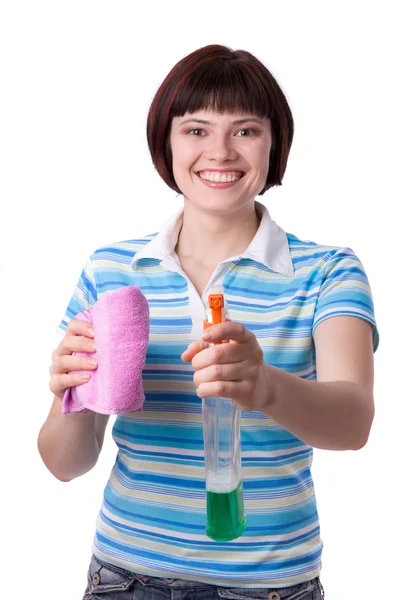 Mujer sosteniendo wIndow limpiador y un trapo . —  Fotos de Stock