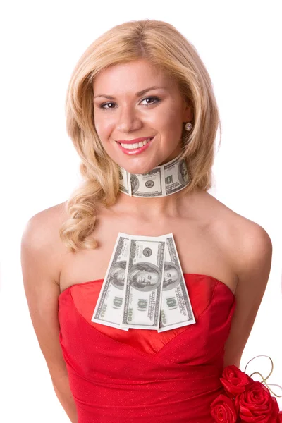 Γυναίκας με κόκκινο φόρεμα με δολάρια. — Φωτογραφία Αρχείου