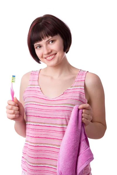 Γυναίκα που καθαρίζει τα δόντια της. — Φωτογραφία Αρχείου