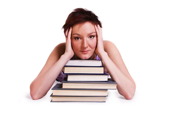 Studentessa con la pila di libro . — Foto Stock