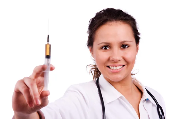 Médico senhora feliz com seringa — Fotografia de Stock