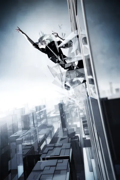 Goth woman jumping out of the skyscraper — Stockfoto