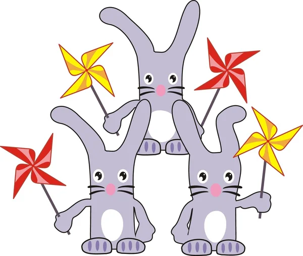 Drie konijnen (hazen) met spinners — Stockvector