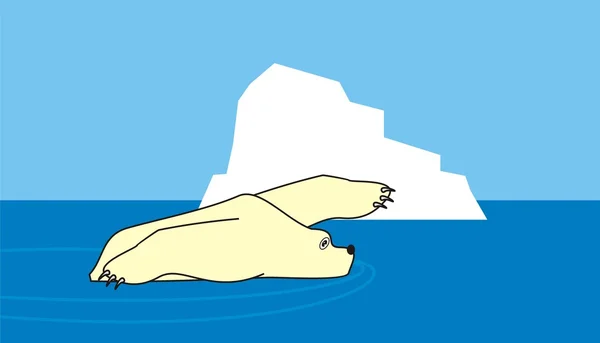 Iceberg y oso blanco polar nadador — Vector de stock