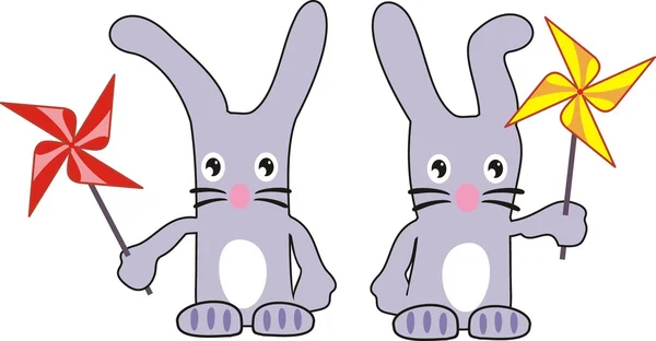 Dois coelhos (lebres) com spinners - brinquedos suaves, desenhos animados, personagens fantásticos . Ilustração De Bancos De Imagens