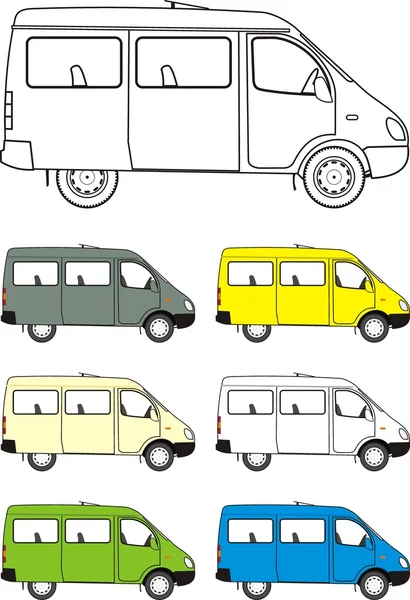 Mobil mini-bus. Versi berbeda dari mesin warna, gambar yang terisolasi, kontur - Stok Vektor