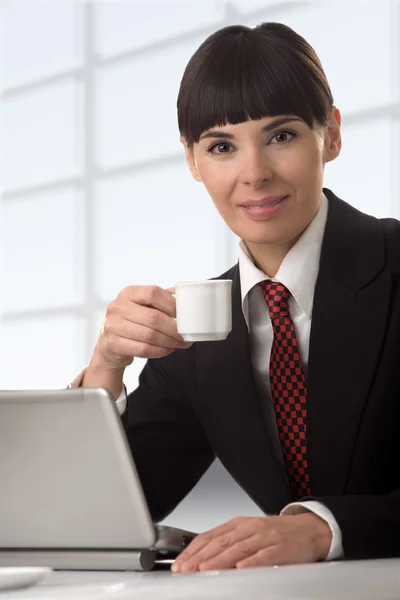 A mulher de negócios em intervalo com o computador portátil — Fotografia de Stock