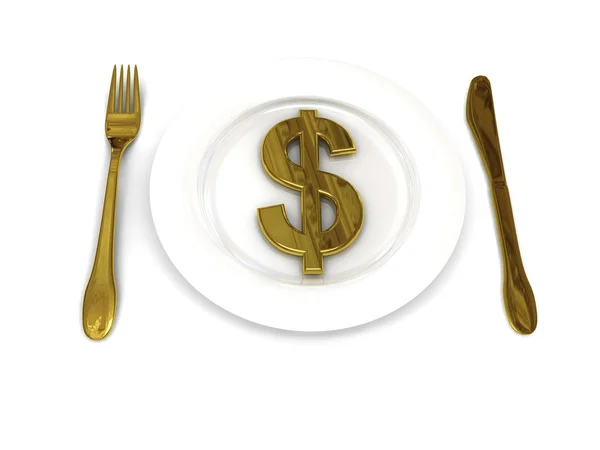 Тарелка с табличкой доллара над белым — стоковое фото