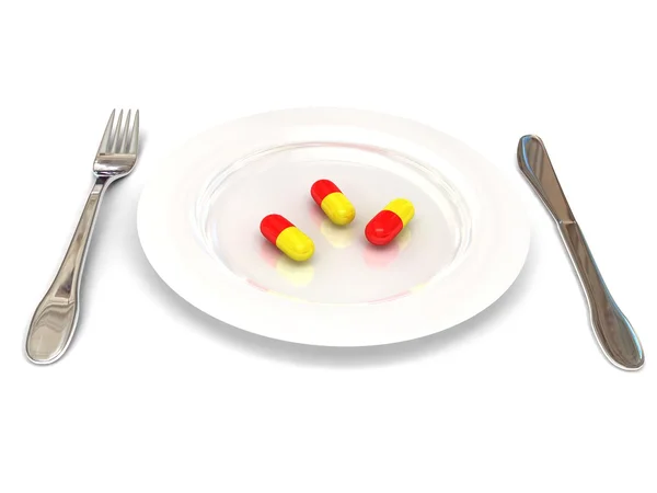 Plate with pills over white — Stock Photo, Image