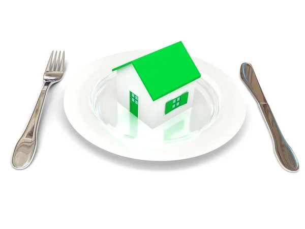 Plate wiyh house over white. — Stock Photo, Image