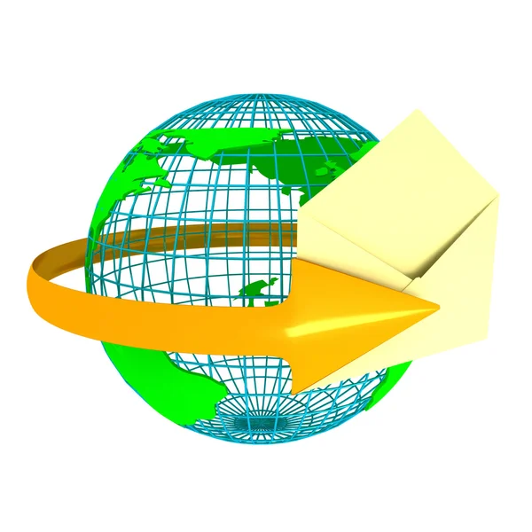 Envelope with globe over white — Stock Photo, Image