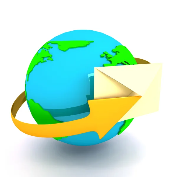 Envelop met globe bord boven wit — Stockfoto