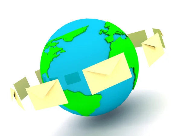 Envelope com sinal globo sobre branco — Fotografia de Stock