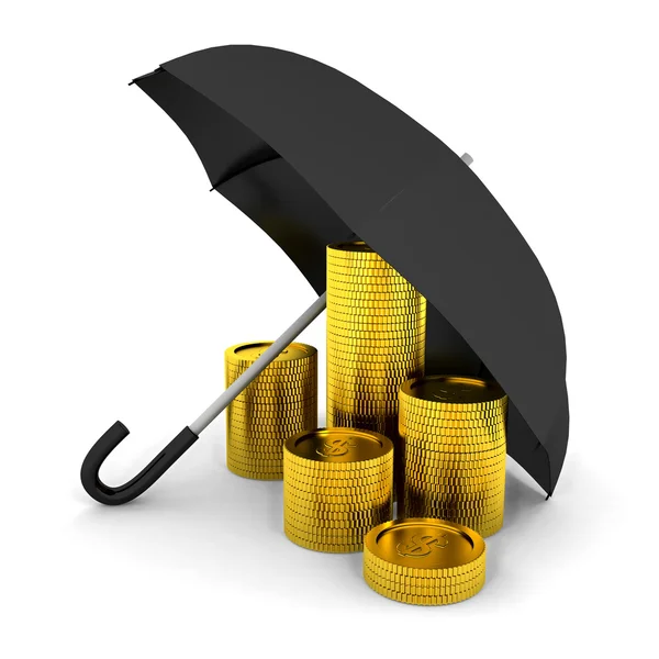 Pilha de moedas sob um guarda-chuva — Fotografia de Stock