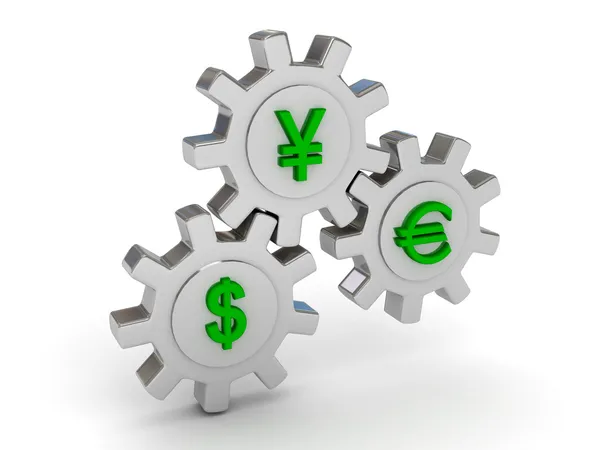 Engrenagens com iene dólar e sinais de euro — Fotografia de Stock
