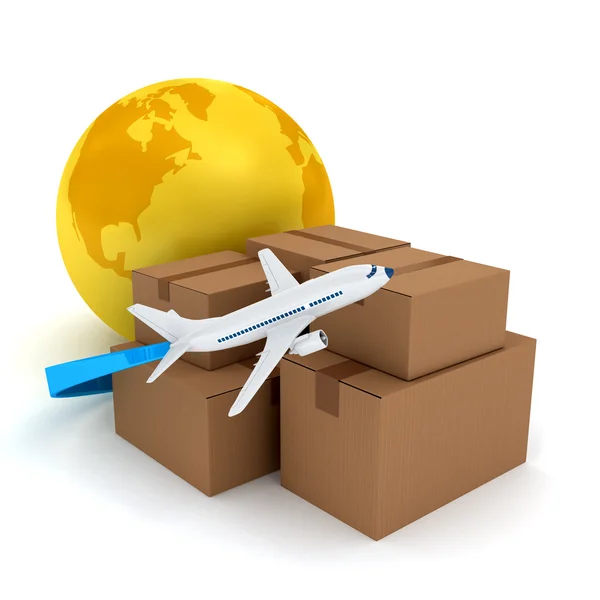Cardboard packages with airplane over white — Stock Photo, Image