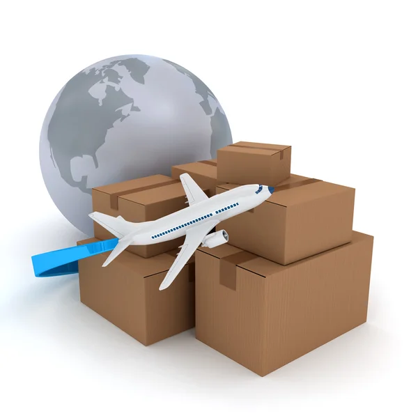 Cardboard packages with airplane over white — Stock Photo, Image