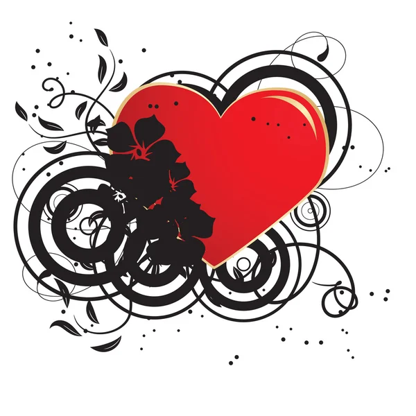 Coeur rouge dans un ornement de fleurs noires — Image vectorielle