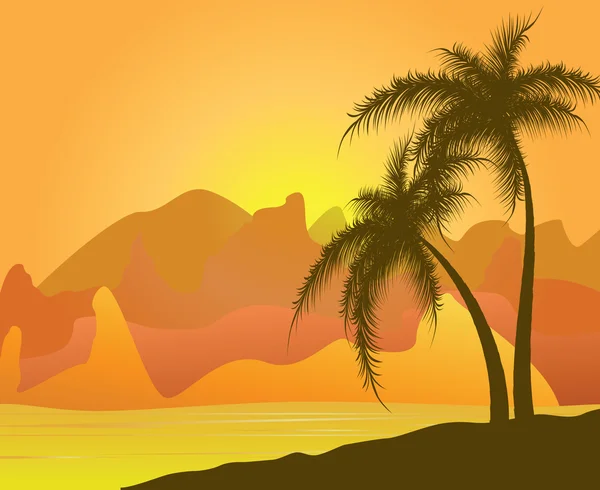 Twee palmbomen tegen de bergen en zand — Stockvector