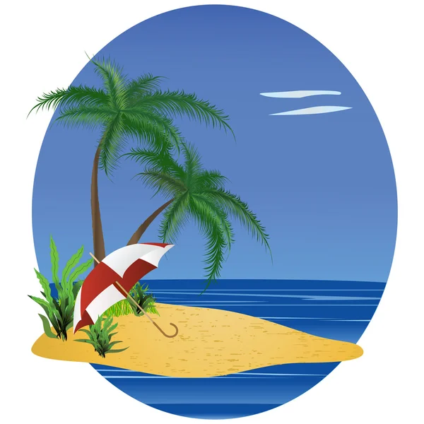 Imagem de uma praia com um guarda-chuva e uma palmeira —  Vetores de Stock