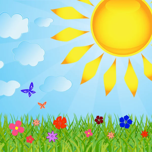 Літній фон з сонцем і травою — стоковий вектор