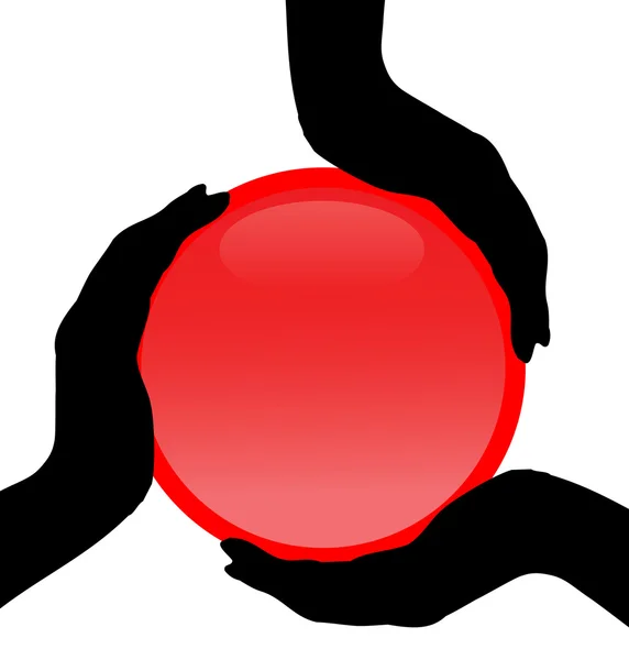 Три силуэта руки, держащие красную кнопку — стоковый вектор