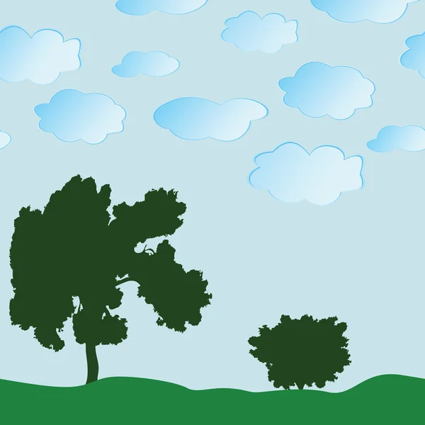 Sem emenda um fundo com uma árvore, um arbusto e nuvens — Vetor de Stock