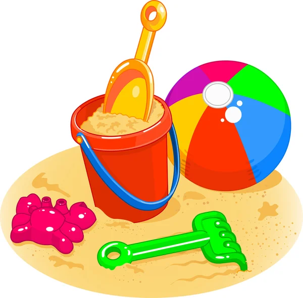 沙滩玩具-桶、 铲、 球 — 图库矢量图片