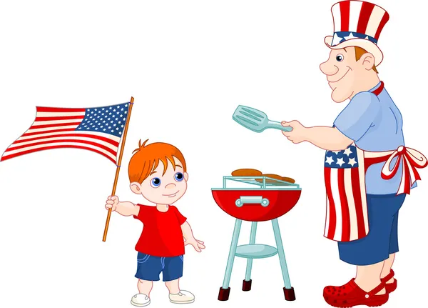 Apa és fia főzés egy hamburger — Stock Vector