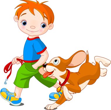 Boy walking a dog clipart