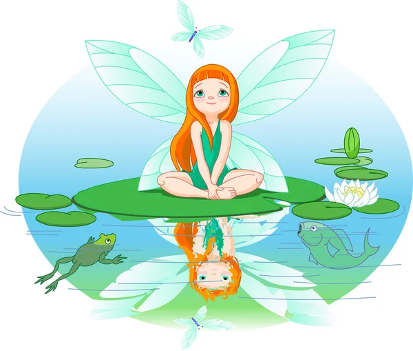 Fairy observes for flying butterfly — Stock Vector