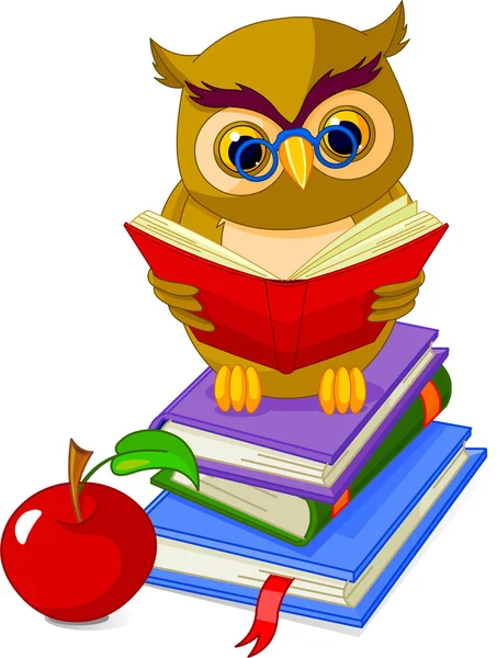 聪明的猫头鹰坐在书堆上 — 图库矢量图片