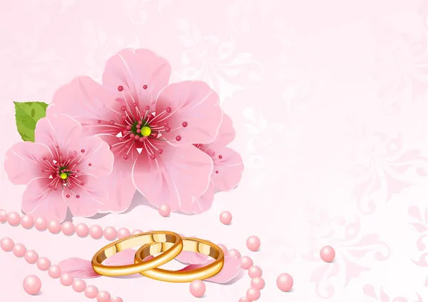 Anéis de casamento e flor de cereja — Vetor de Stock
