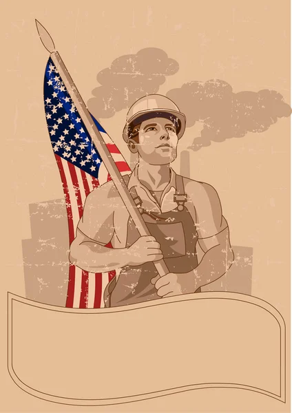 Işçi ve bir Amerikan bayrağı — Stok Vektör