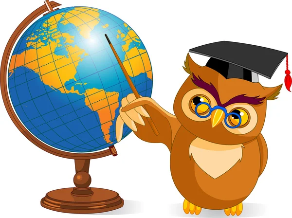 Cartoon Wise Owl with world globe — Stock Vector