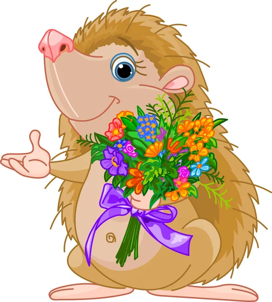 Cute little Hedgehog giving a bouquet — Stock Vector