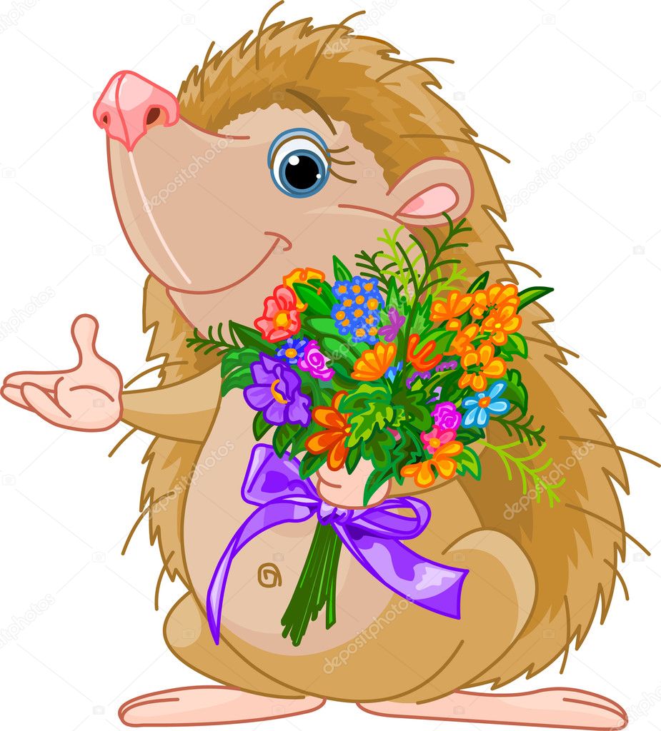 Cute little Hedgehog giving a bouquet