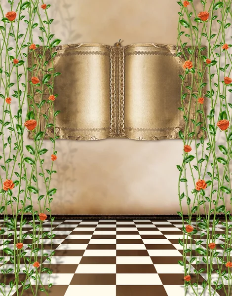 Altes Zimmer mit altem Goldbuch — Stockfoto