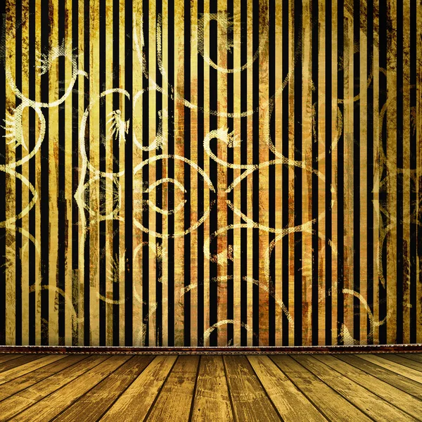 Grunge interiér s pruhovanými tapetami — Stock fotografie