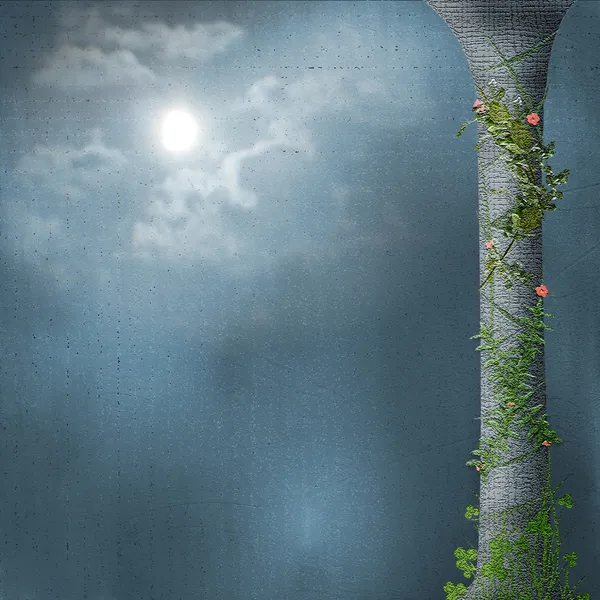 Stone column. Liana with flowers. Bright moon — Stock Photo, Image
