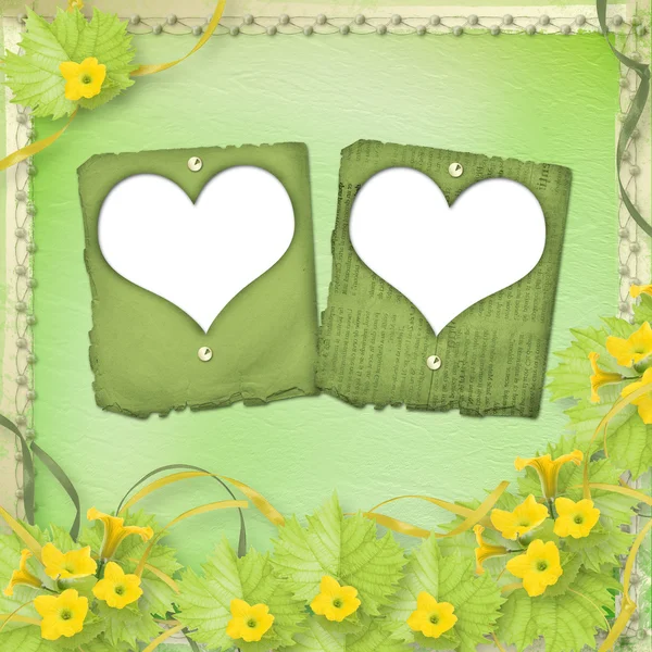 Grunge papíru snímky s květy dýně a stuhy pro design — Stock fotografie