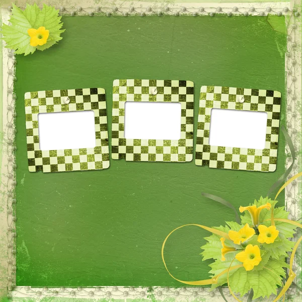 Grunge papier dia's met bloemen pompoenen en linten voor ontwerp — Stockfoto
