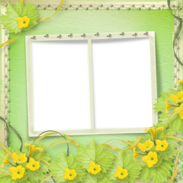 Grunge-Papierrahmen mit Blumen, Kürbissen und Bändern — Stockfoto