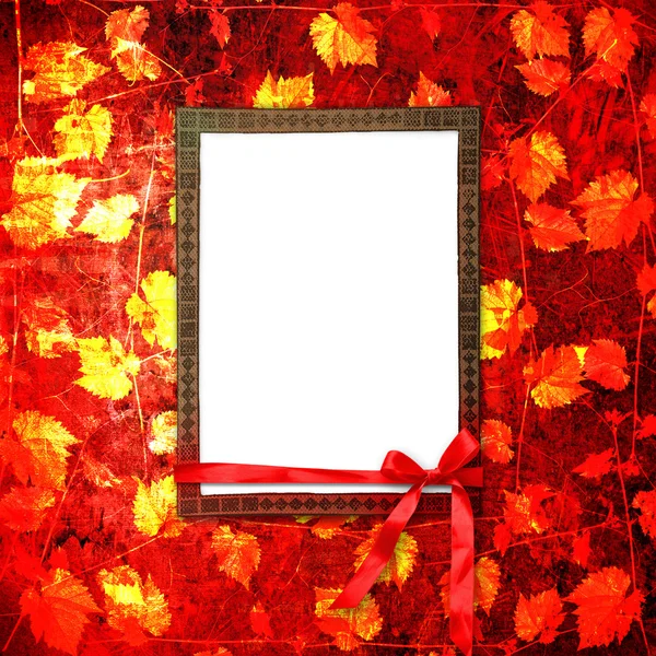 Grunge frame with bow and ribbon on the ancient vegetable backgr — Stock Photo, Image