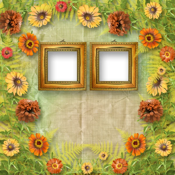 Grunge-Rahmen für Interieur mit Blumenstrauß — Stockfoto