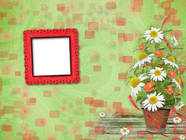 美丽一堆的雏菊和设计罂粟的 grunge 帧 — 图库照片