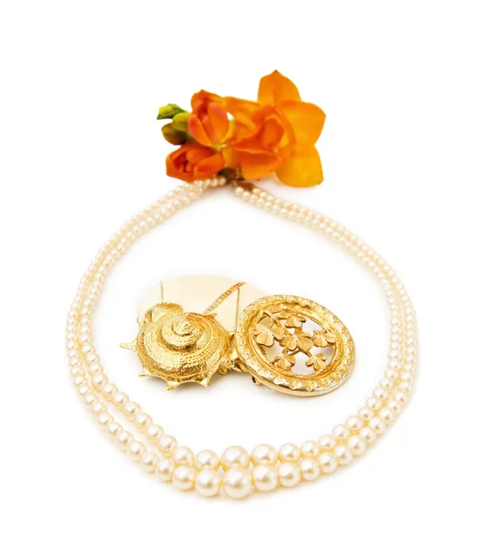 Vintage brooches and pearls — Stock Photo, Image