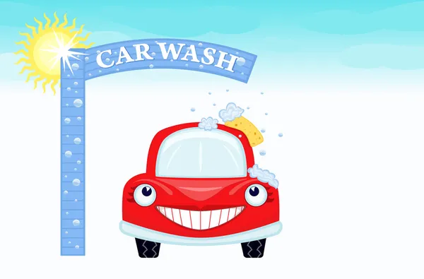 Biltvätt med leende bil — Stock vektor