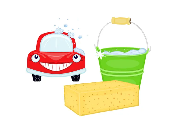 Lavage de voiture avec voiture rouge heureux — Image vectorielle