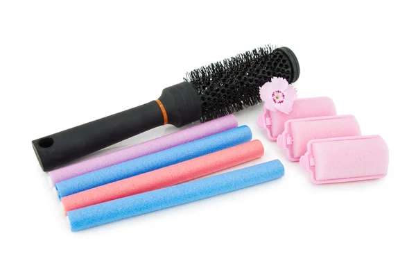 stock image Hair brush and curlers on white